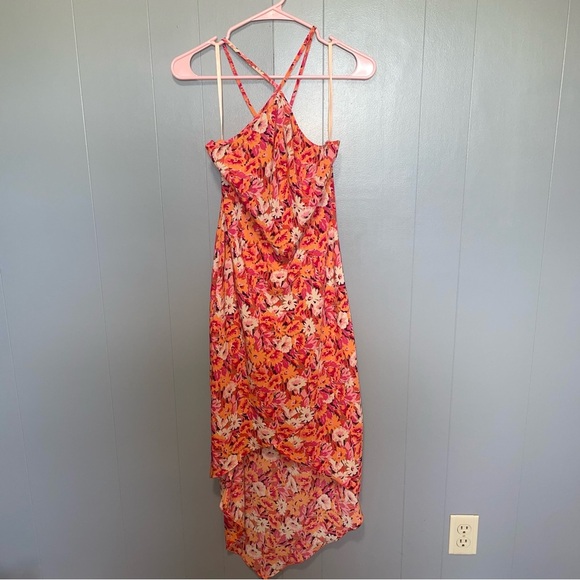 Vintage 90s Express Pink and Orange Floral Halter Neck Dress High Low 5/6 Medium - Picture 1 of 5